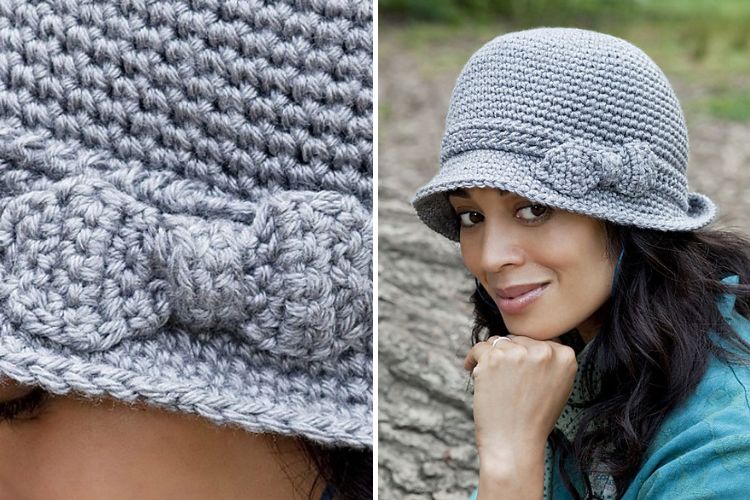 a woman wearing an elegant crochet bucket hat