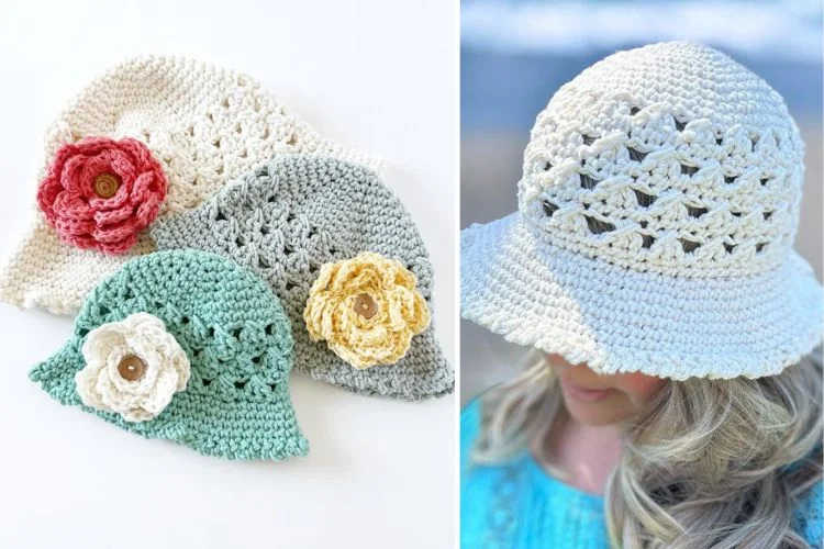 crochet bucket hats with flower embellishments