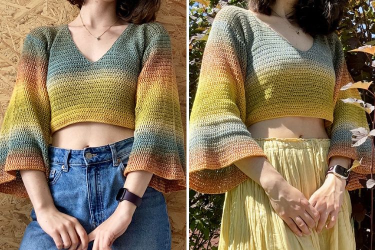 colorful crochet top with wide sleeves