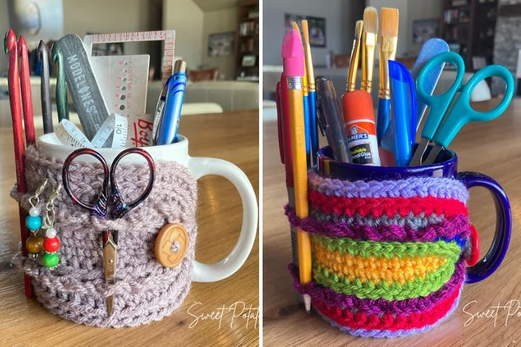 a crochet organizer mug cozy