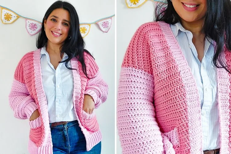 a pink crochet cardigan