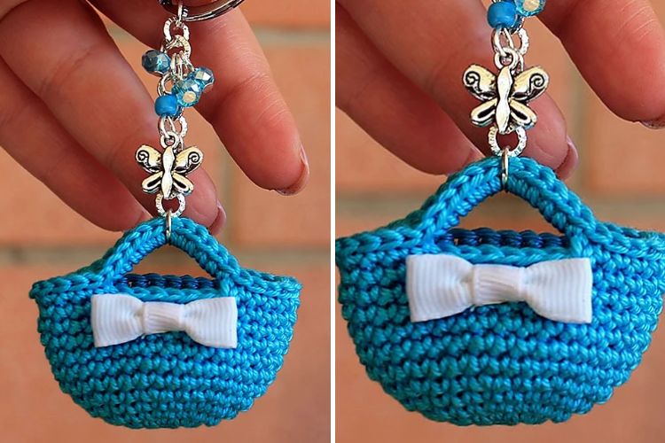 a blue crochet mini bag keychain amigurumi