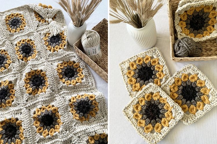 crochet blanket made of sunflower granny squares