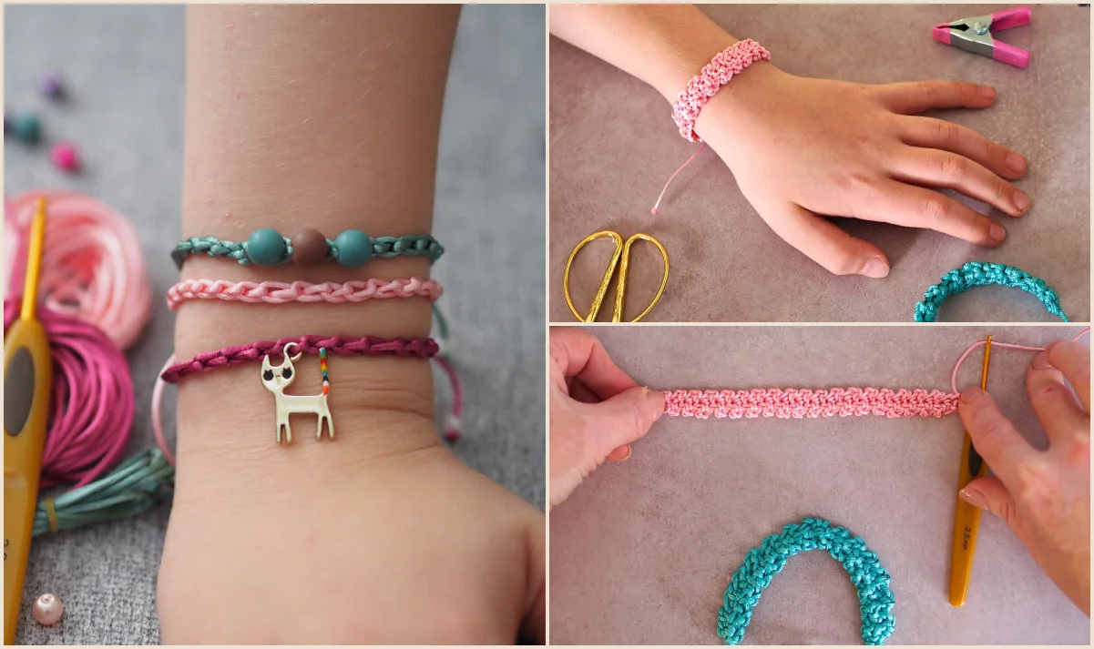 Collage showing three images: two braided friendship bracelets with beads and a llama charm on a wrist; a close-up of a hand wearing a pink braided bracelet; hands holding a braided bracelet with crochet tools nearby.