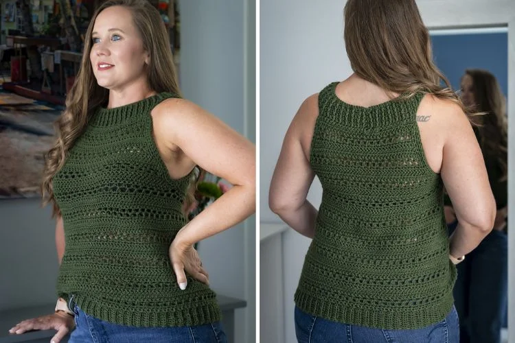 a green crochet tank top