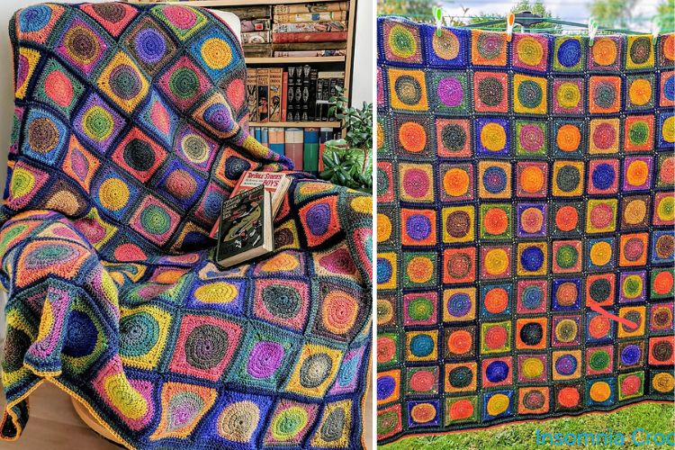 a crochet blanket made of colorful squares with a circle motif