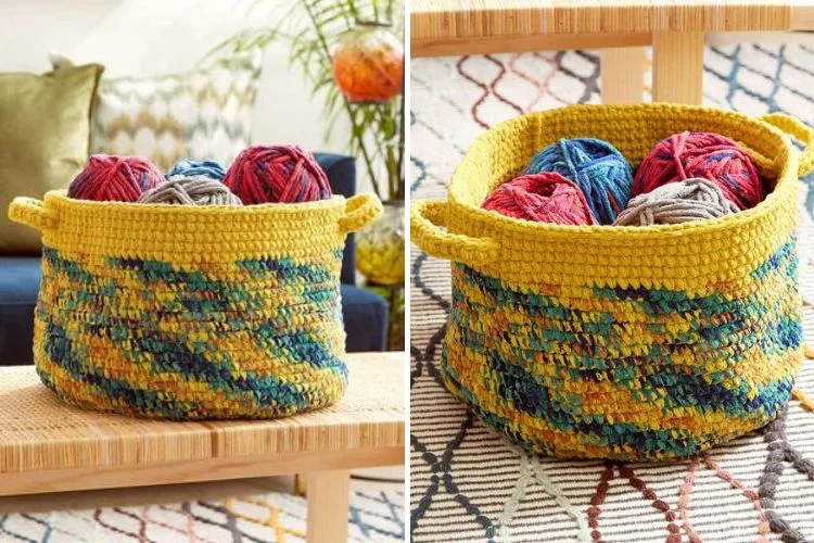 a yellow crochet storage basket