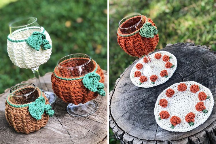 crochet pumpkin wine glass cozies