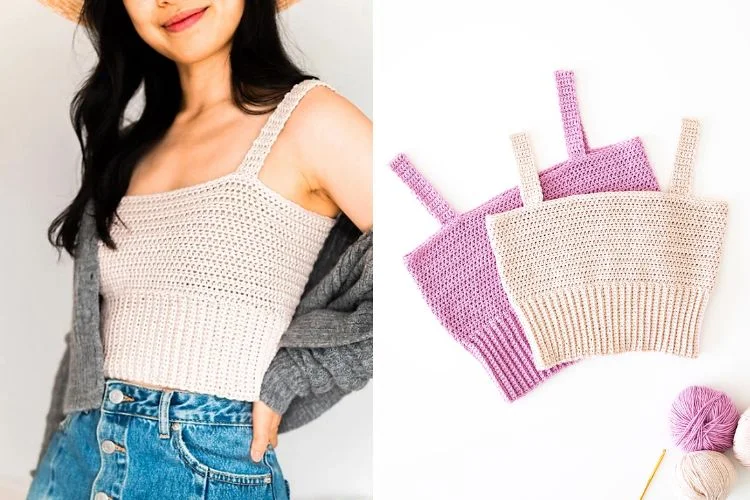 a crochet crop top with a ribbed hem