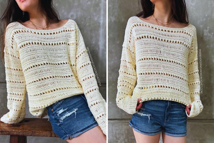 a white crochet sweater