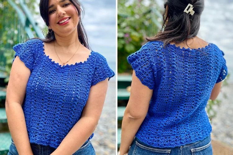 blue shortsleeved crochet top