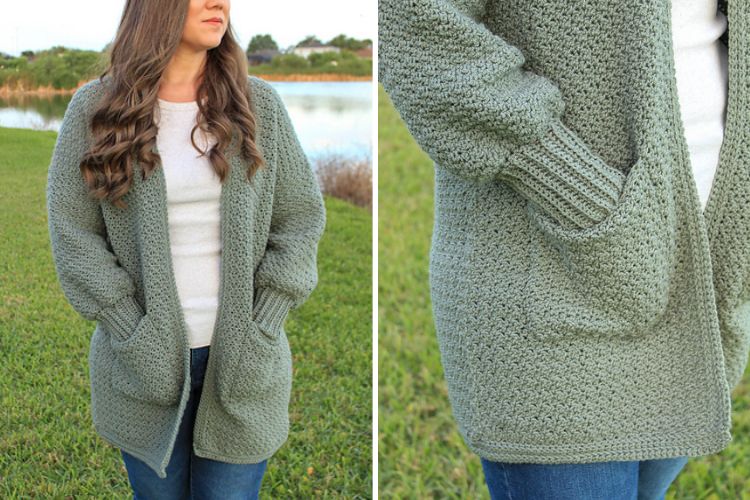 a green crochet pocket cardigan