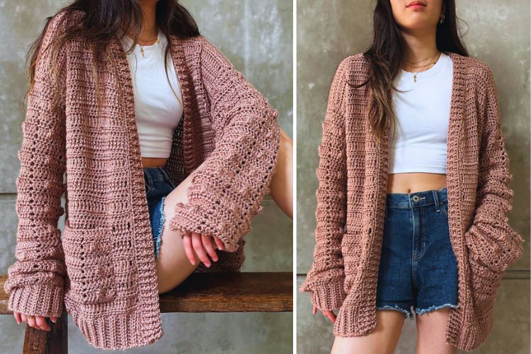 a crochet chunky cardigan in pink