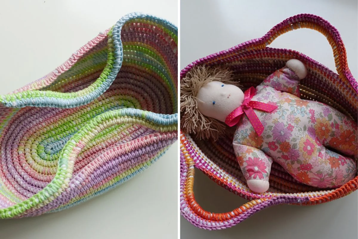 A two-image collage showcasing a multicolored crochet doll's basket.