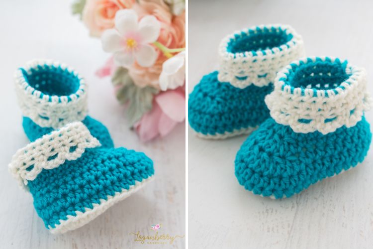 a beautiful crochet baby booties in blue