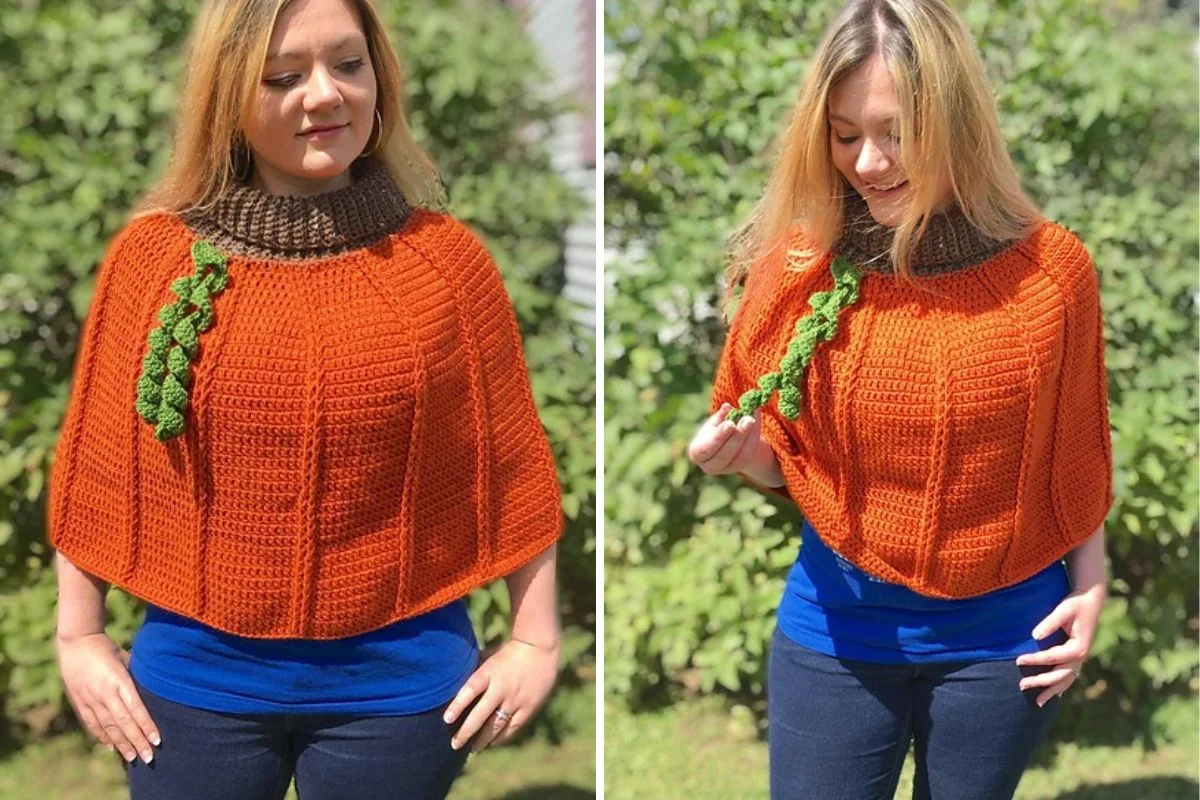 A woman wearing a crochet orange poncho with brown and green detailing.