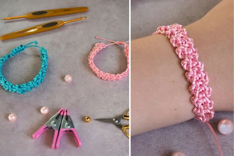 Two crochet bracelets in blue and pink.