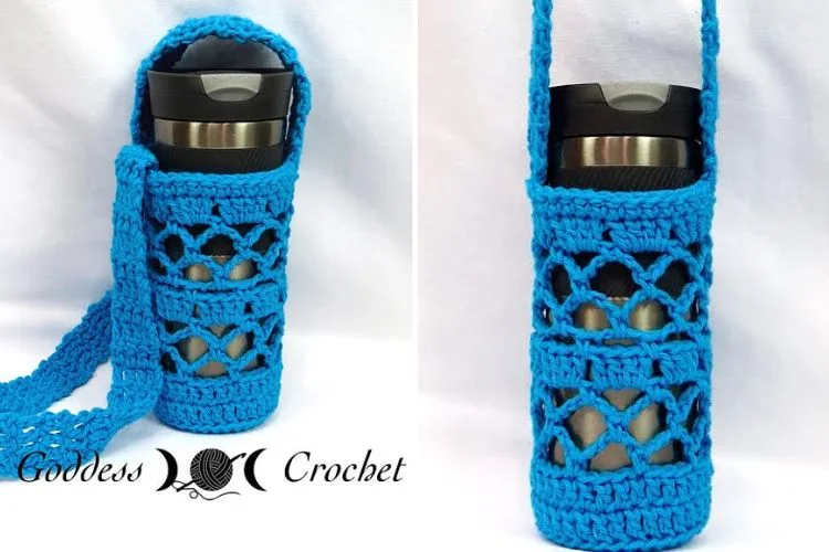 A blue crocheted bottle holder with a strap, holding a travel mug. The "Goddess Crochet" logo is visible in the corner of the image. The holder features an intricate open lace pattern, exuding handmade charm and elegance that's far beyond any auto draft design.