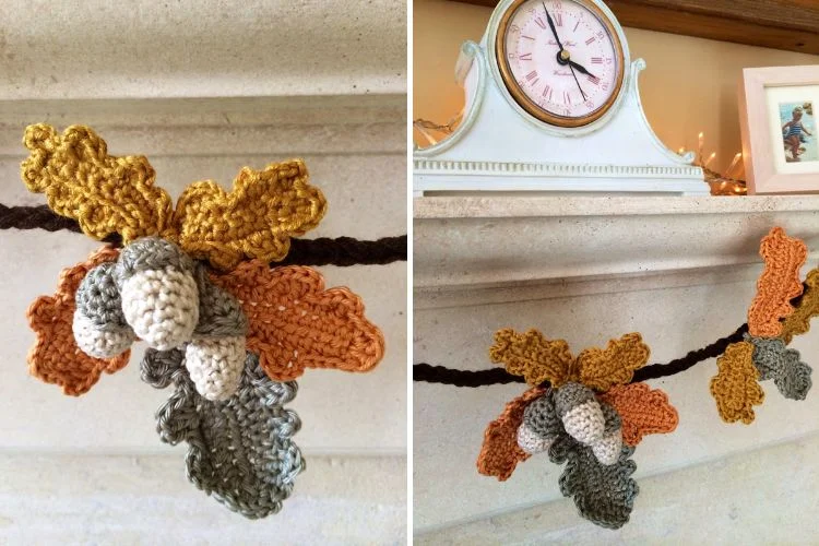 Two images of an autumn-themed crocheted garland feature leaves and acorns in shades of orange, brown, and gray, hanging on a stone fireplace mantel.