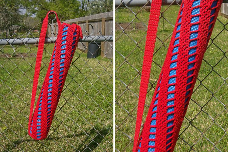 a red crochet yoga bag