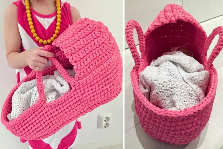 A child holding a pink crochet doll basket.