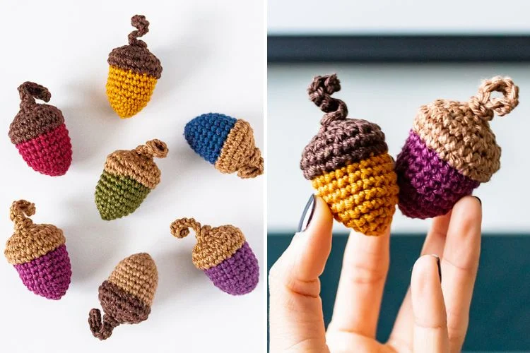 crochet acorns in different colors