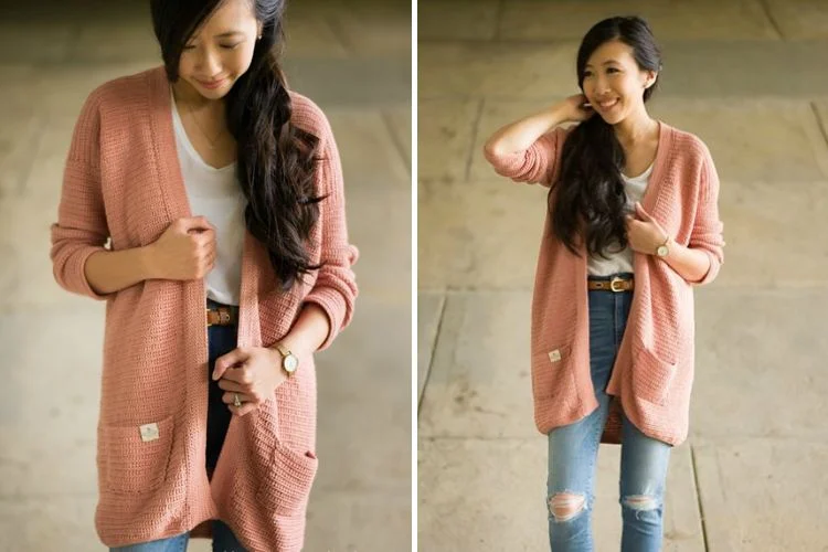 a pink crochet cardigan