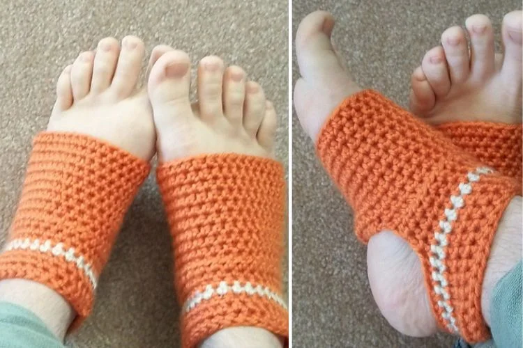 Two close-up images of feet wearing orange crocheted socks with white detailing. The Auto Draft-designed socks are open-toe and cover the ankles.