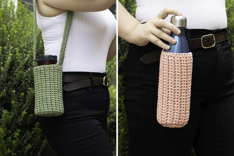 a stylish crochet water bottle holder