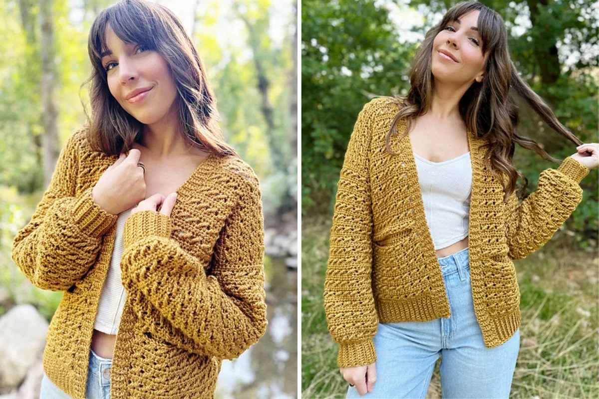 Two photos feature a person outdoors wearing a mustard-colored crochet cardigan over a white top and blue jeans.