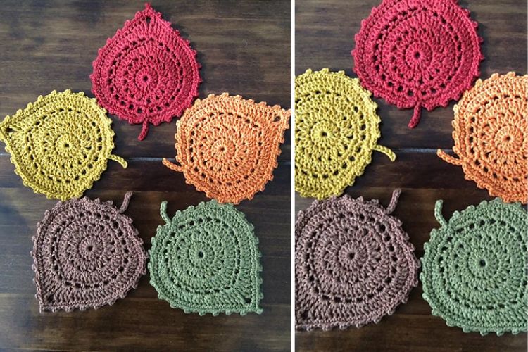 crochet leaf coasters in different colors