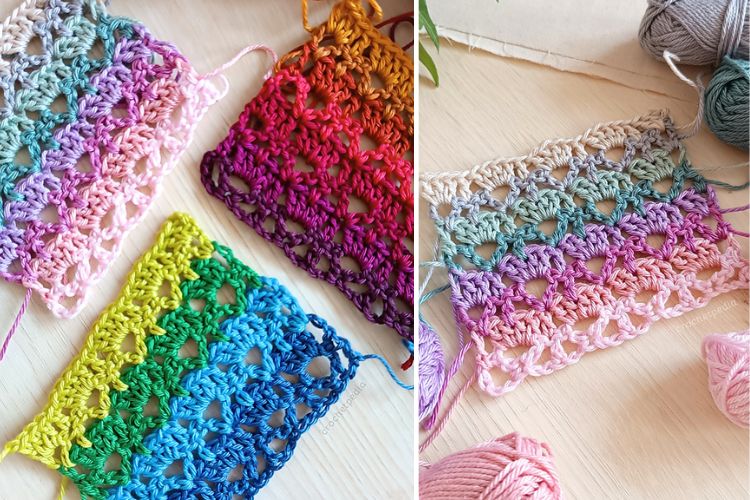 Four crochet swatches in different multicolored yarns are displayed on a light wooden surface.