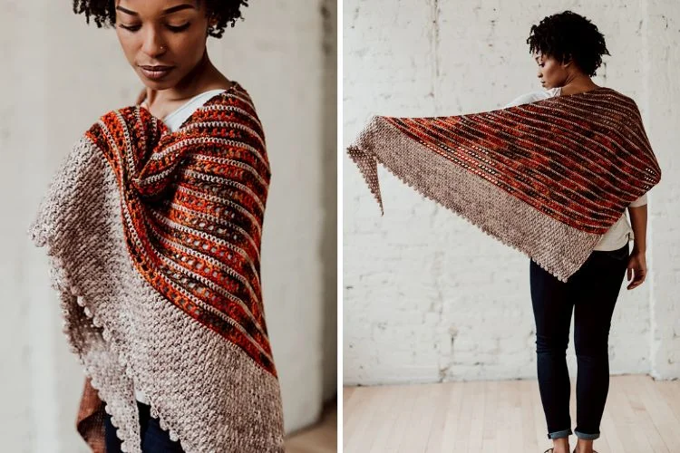 a stylish crochet shawl in warm colors