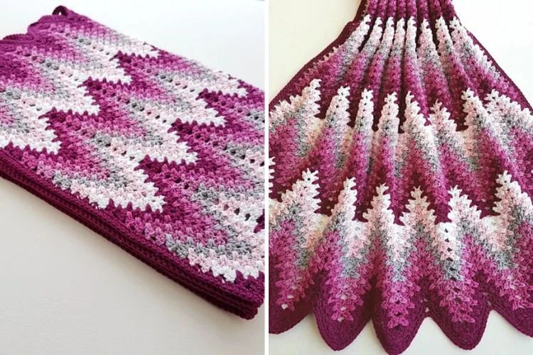 crochet ripple blanket in purple colors