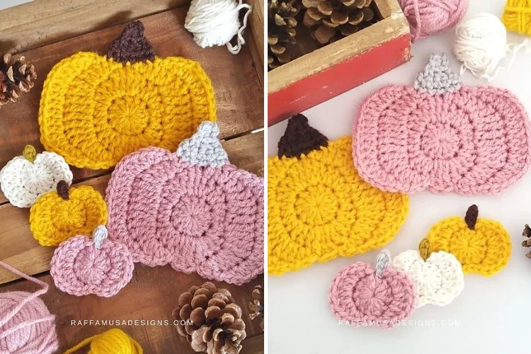 crochet pumpkin appliques of various sizes