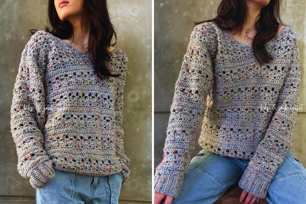 A person models an easy crochet sweater in a multicolored design paired with jeans.