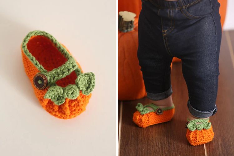 Left: An orange crochet baby shoe with green trim and a button. Right: A baby wearing the crocheted shoes, standing next to an orange object, looking like an adorable auto draft of creativity.