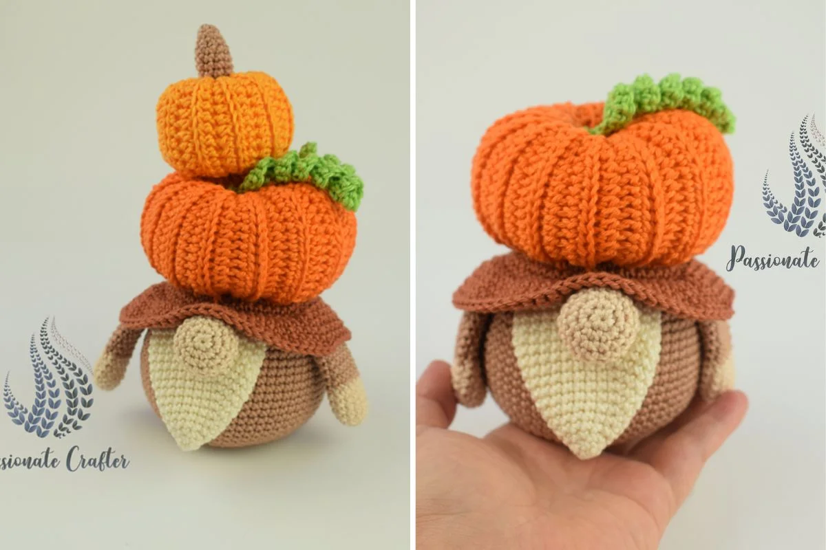 Two views of a crocheted amigurumi owl balancing a stack of pumpkins on its head, one image showing the owl by itself and the other nestled in someone's hand.