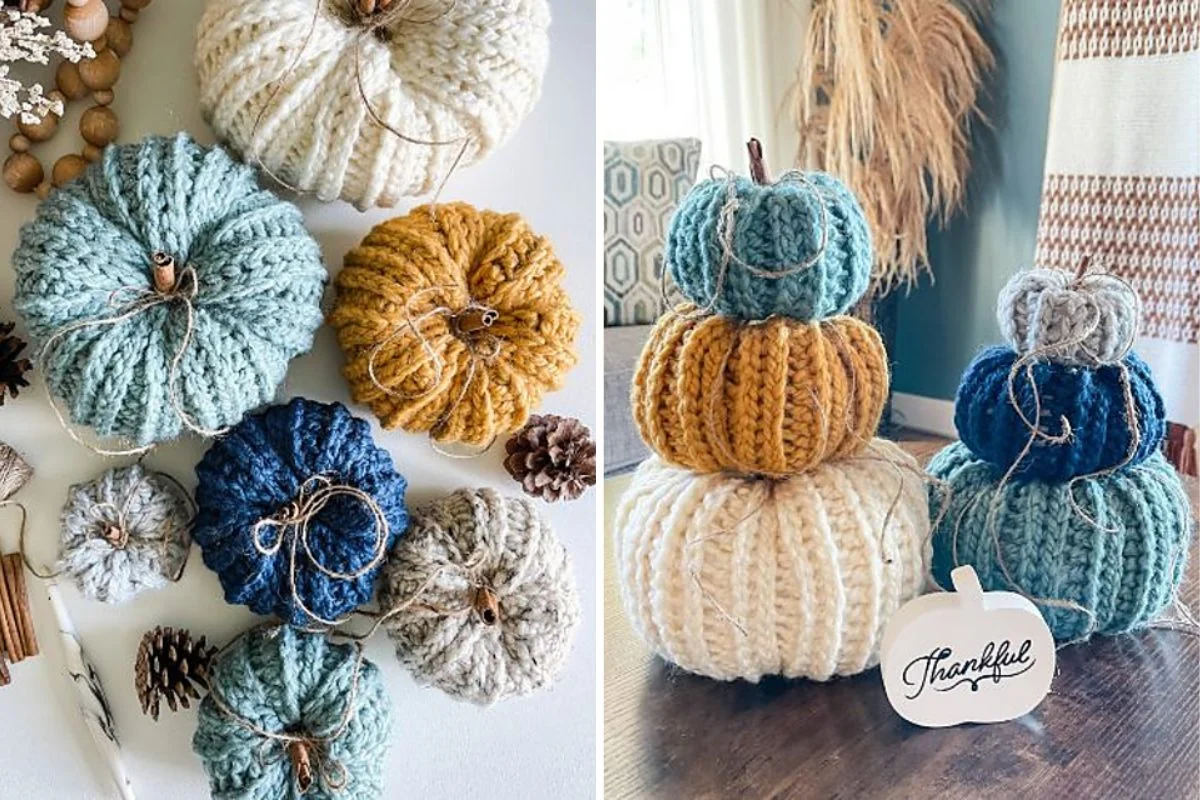 Crocheted pumpkins in rich hues are artfully arranged alongside rustic pine cones. Some are charmingly stacked and crowned with a "Thankful" sign, creating a cozy autumnal display.