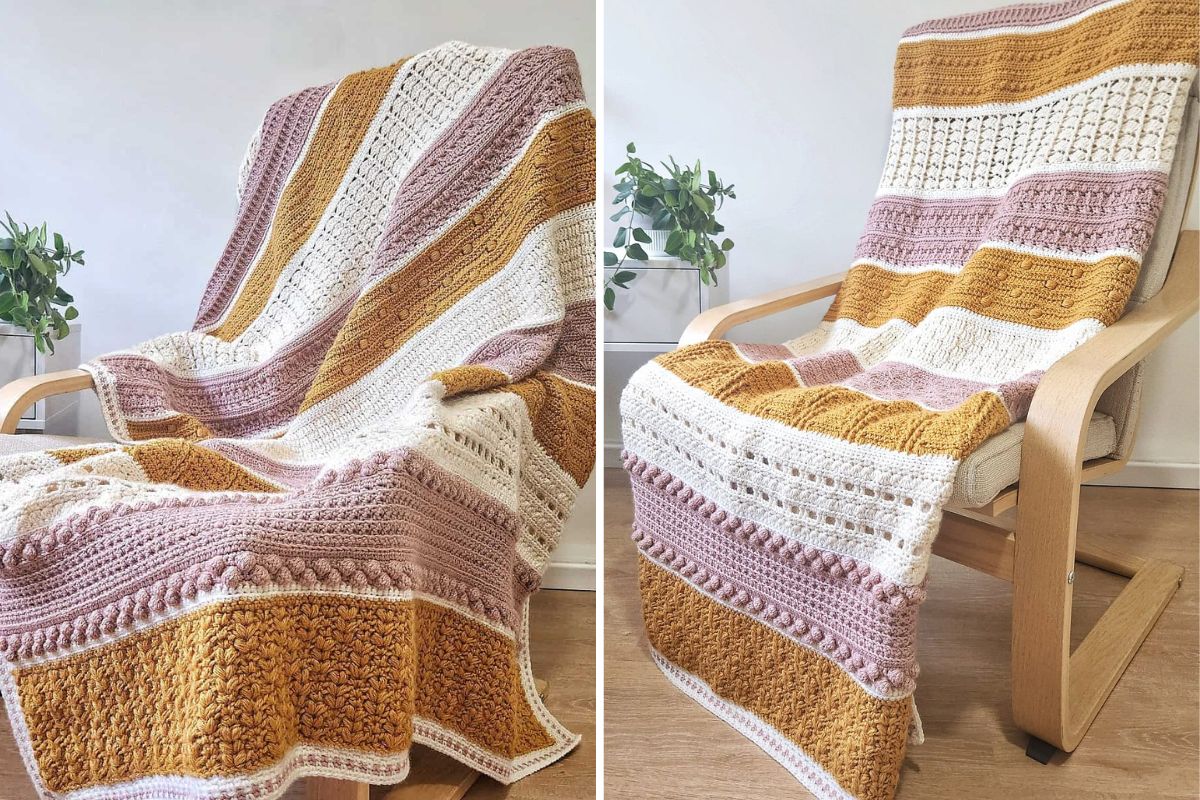 Two chairs draped with crocheted blankets in shades of white, pink, and mustard create a cozy fall vibe. Small plants are placed beside each chair, evoking the comfort of a favorite pullover on a crisp autumn day.