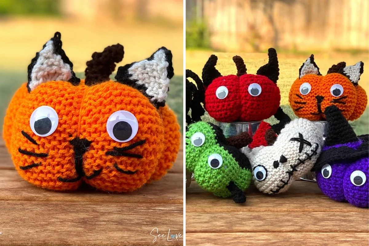 Crocheted pumpkins and adorable Lil Monsters with googly eyes are displayed on a wooden surface outdoors, adding charm to the Halloween scene.