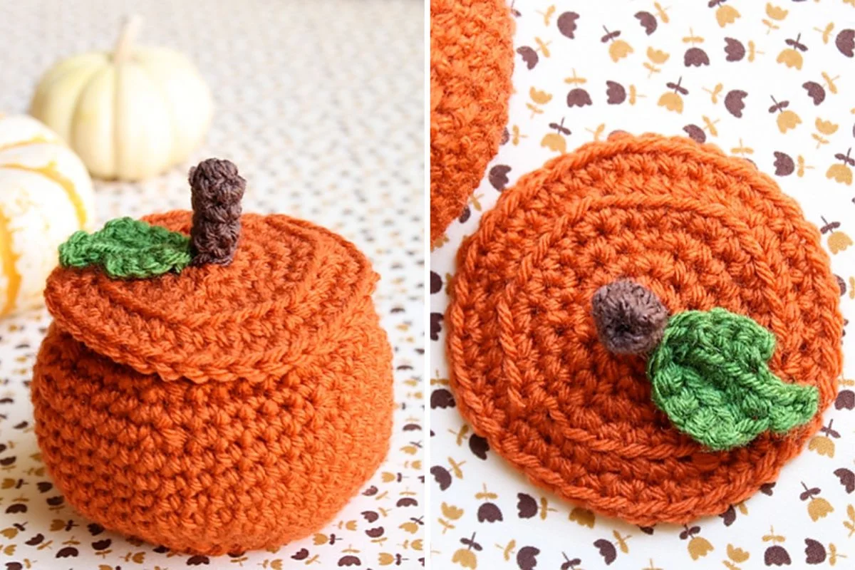 Two images of crocheted pumpkins with green leaves and brown stems rest like a seasonal treat on a patterned surface.