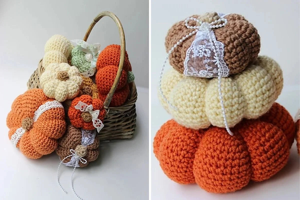 A basket of crocheted pumpkins, adorned with delicate lace, rests on the left. On the right, three stacked crocheted pumpkins boast intricate lace detailing, creating a harmonious autumnal display.