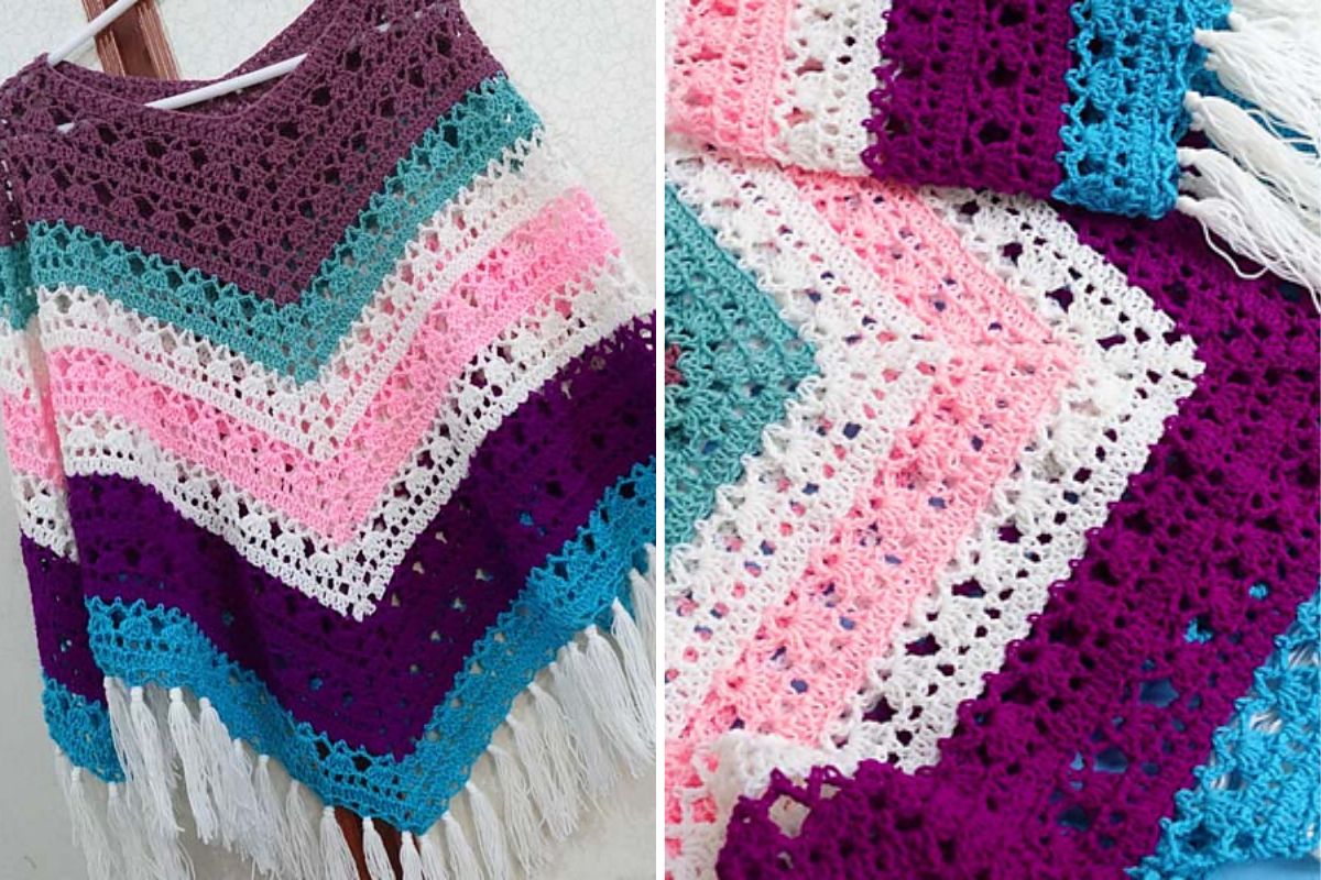 A stunning crocheted poncho showcases vibrant zigzag stripes in purple, pink, teal, and white, complete with fringe detailing at the bottom edge.