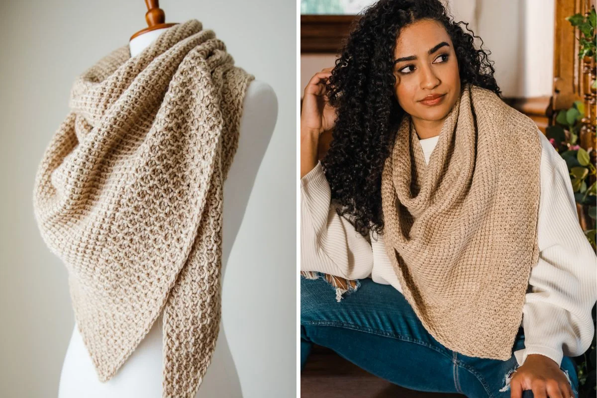 A beige crochet shawl.