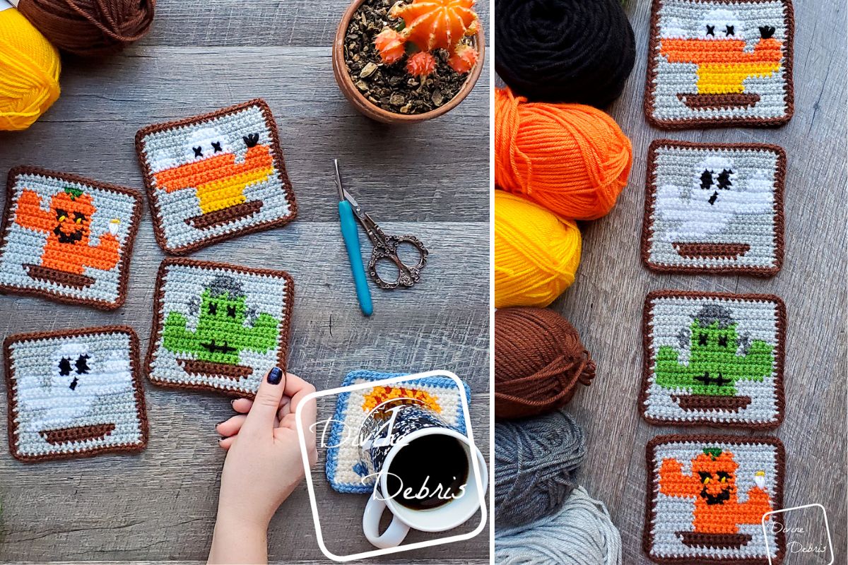 Crochet squares with pixel art designs of various Halloween characters.