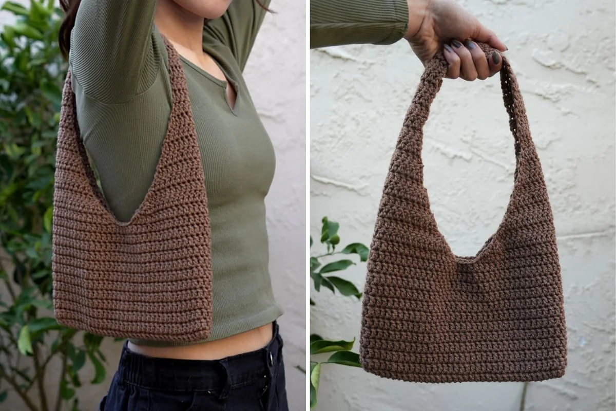 A person showcasing an intricately crochet brown handbag, captured in two views: one elegantly draped over the shoulder, and the other confidently held by hand, like a flawless auto draft of style.