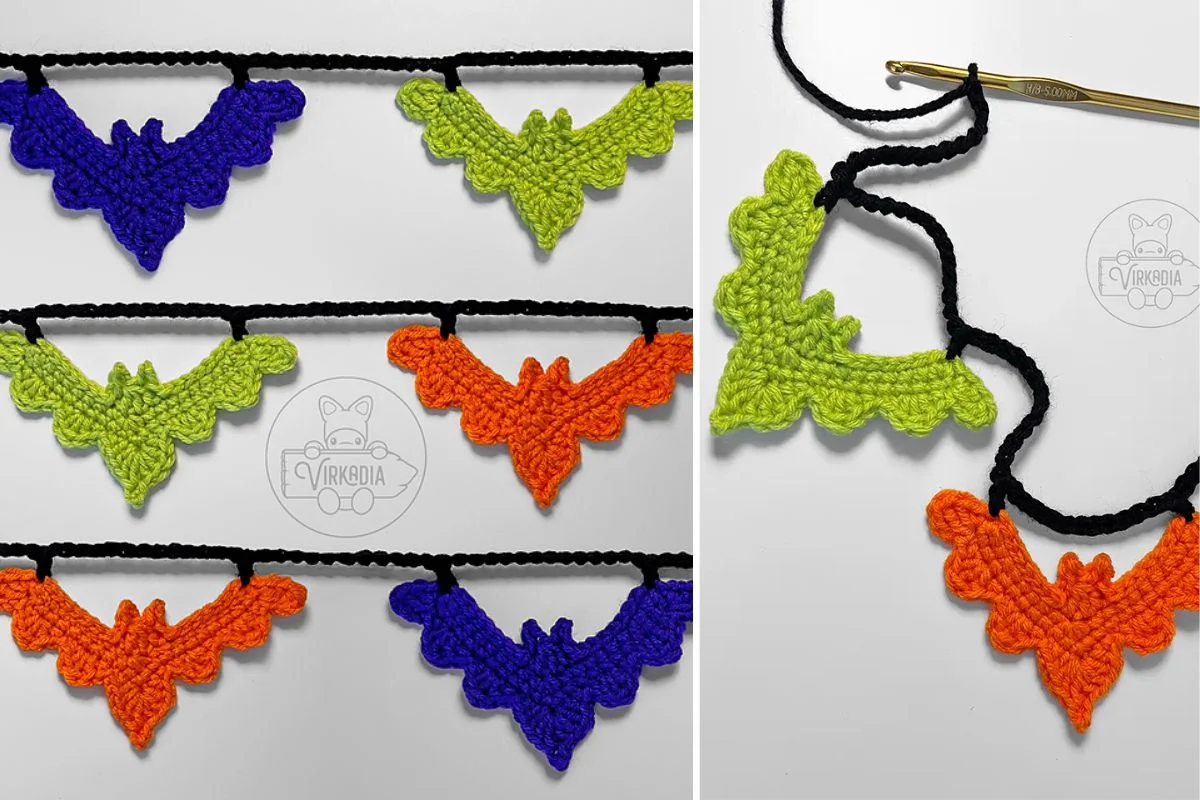 A vibrant crocheted garland featuring bats in purple, green, and orange dangles on a sleek black string, perfectly accompanied by a trusty crochet hook—it's no auto draft; it's handcrafted charm.