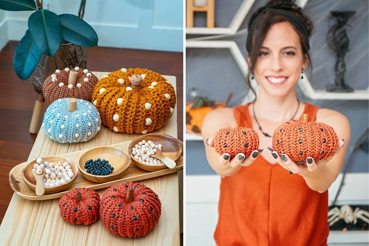 Left: Charming crocheted pumpkins adorned with beads and nestled beside small bowls. Right: A person cradling two intricately crocheted pumpkins.