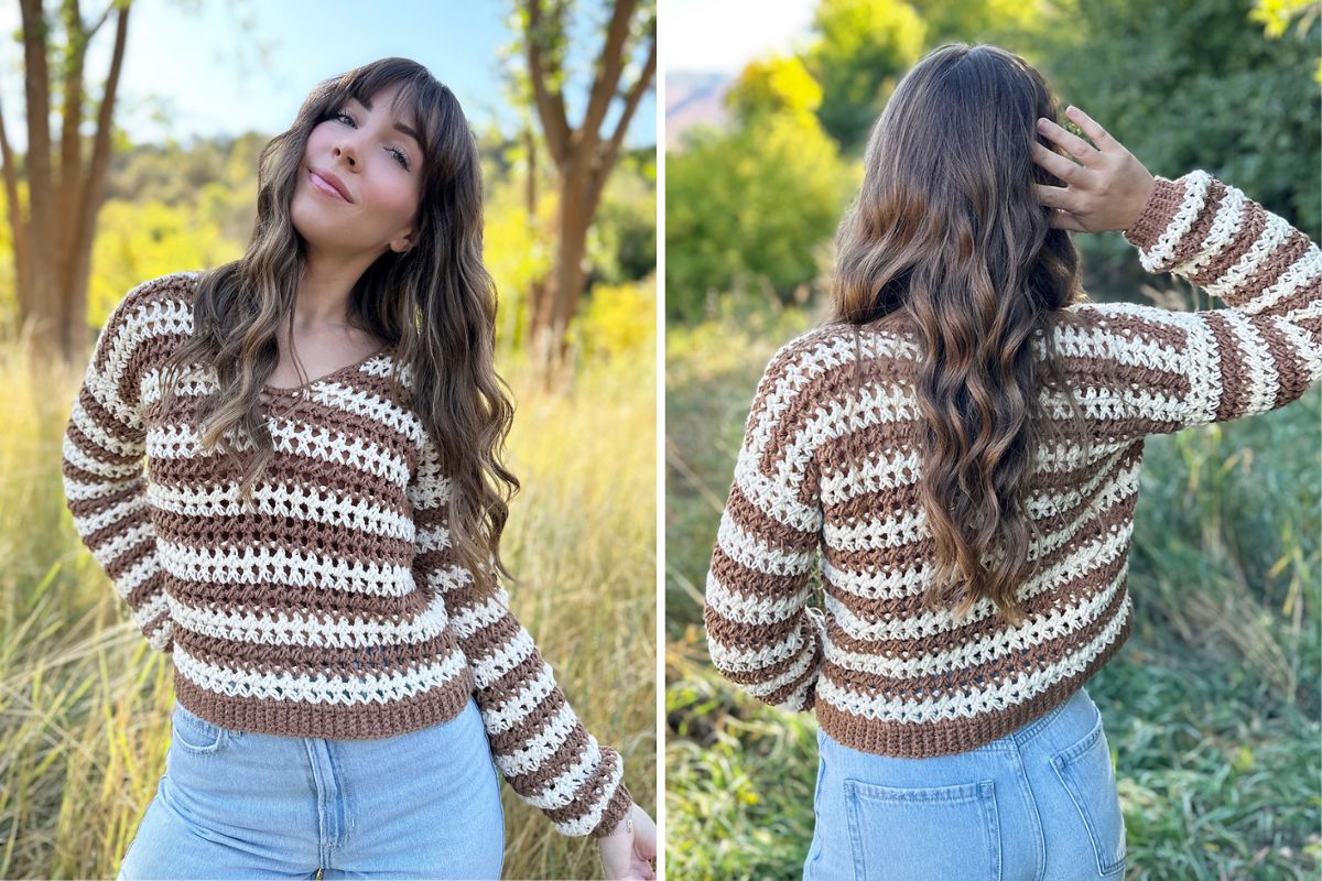 A person in a Fall Fable Pullover and jeans poses in a grassy area with trees in the background, facing forward in one image and with their back turned in the other.